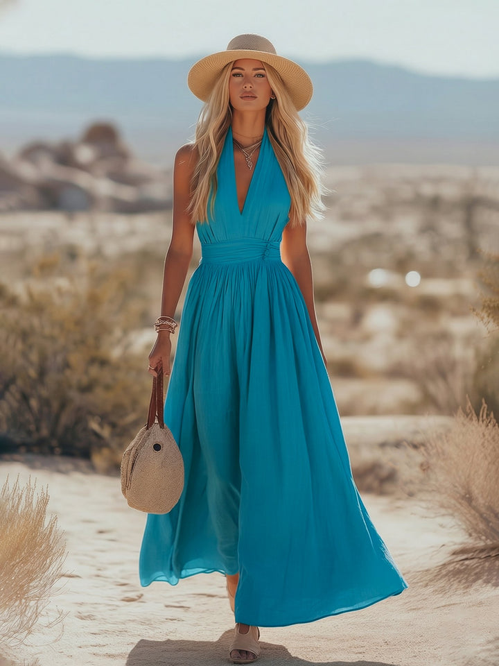Dames Boho Linnen Halter Maxi Jurk Mouwloos