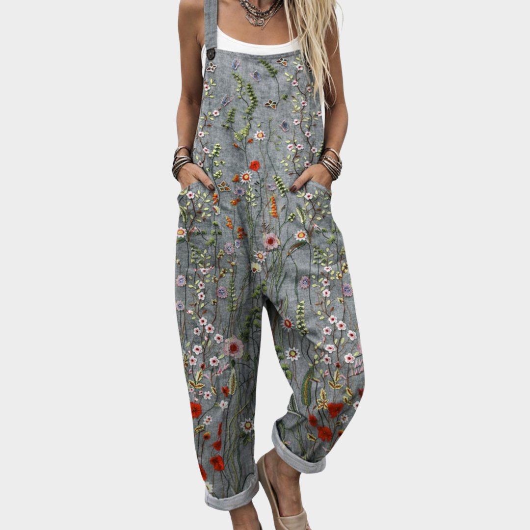 Dames Boho Linnen Jumpsuit met Bloemenprint - Grey / Floral