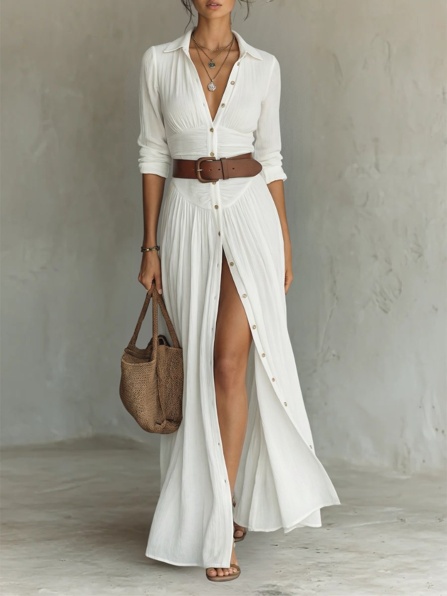 Dames Boho Maxi Blousejurk met Riem - White