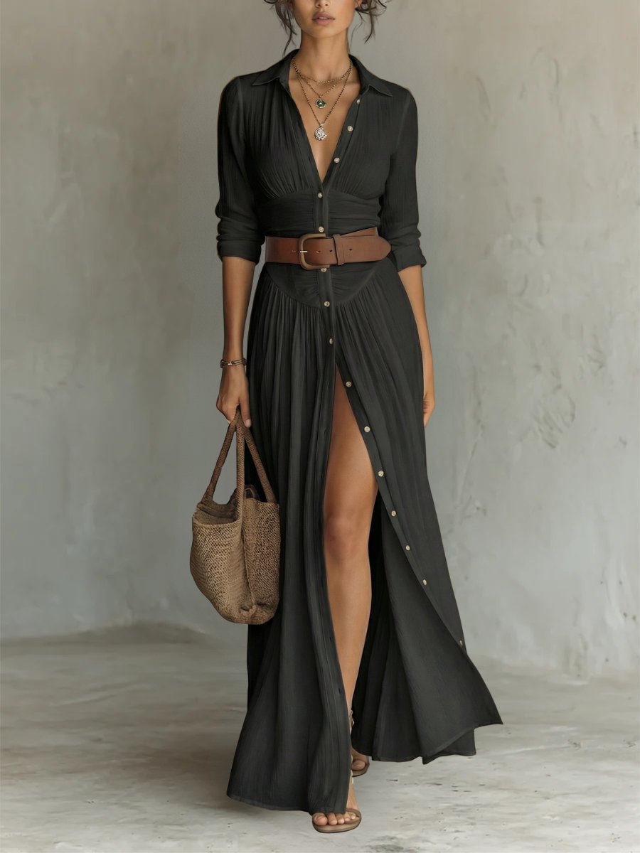 Dames Boho Maxi Blousejurk met Riem - Black