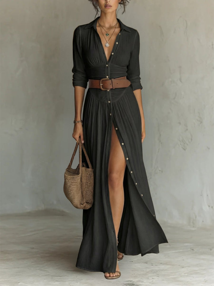 Dames Boho Maxi Blousejurk met Riem - Black