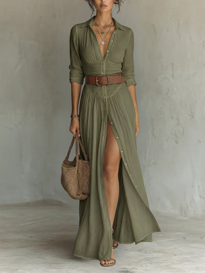 Dames Boho Maxi Blousejurk met Riem - Green