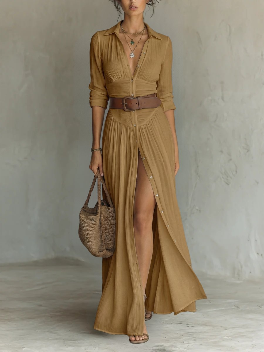 Dames Boho Maxi Blousejurk met Riem - Brown