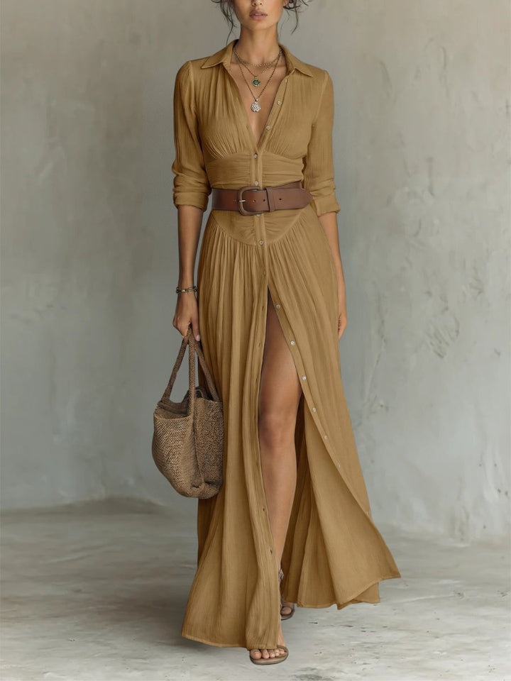 Dames Boho Maxi Blousejurk met Riem - Brown