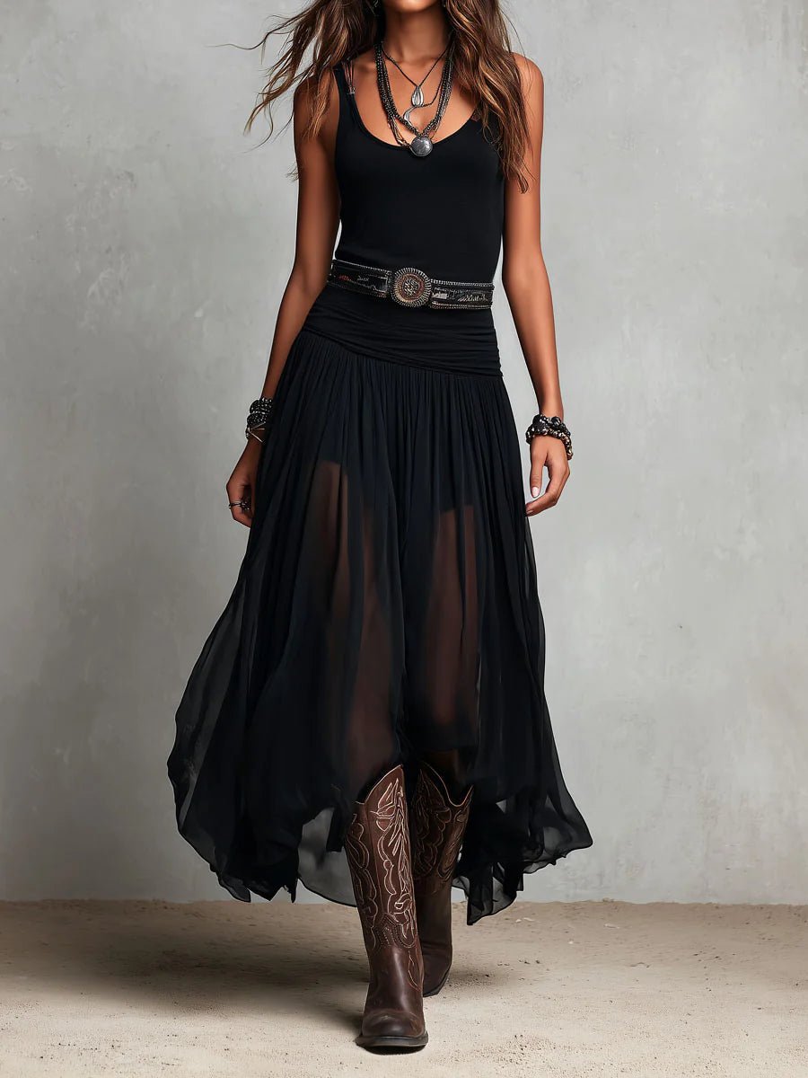 Dames Boho Mouwloze Maxi-jurk Transparante Tule Rok Riem - Black