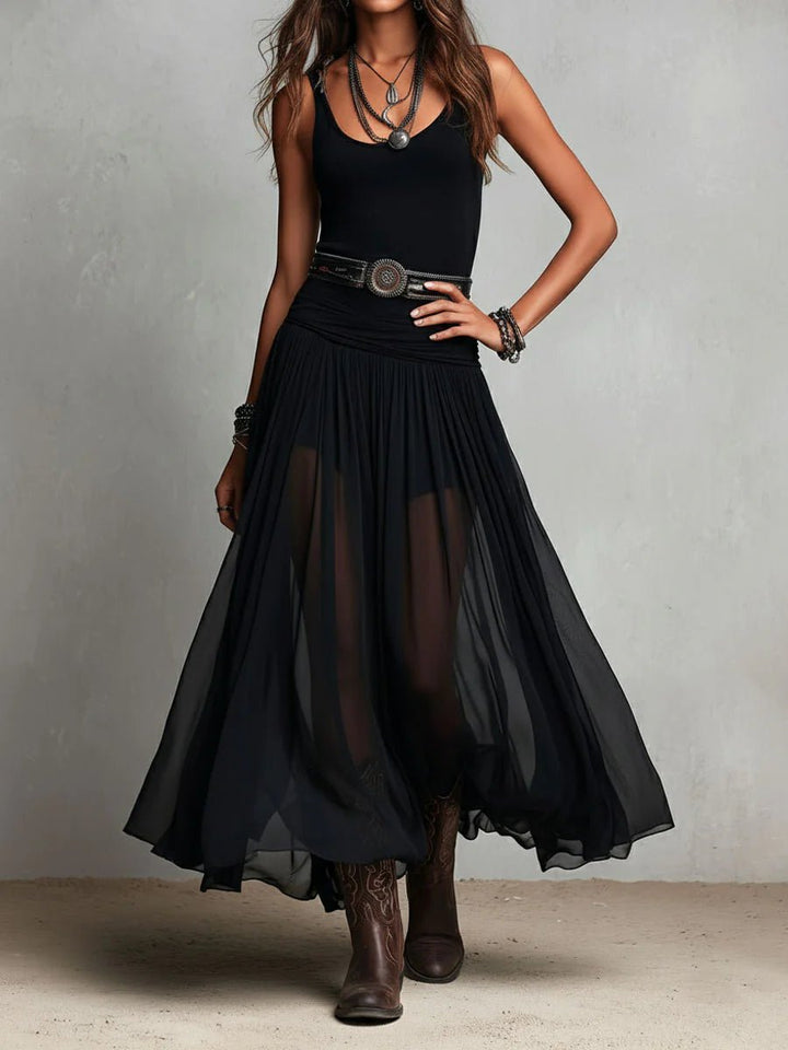 Dames Boho Mouwloze Maxi-jurk Transparante Tule Rok Riem