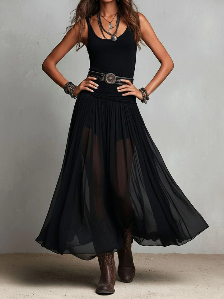 Dames Boho Mouwloze Maxi-jurk Transparante Tule Rok Riem