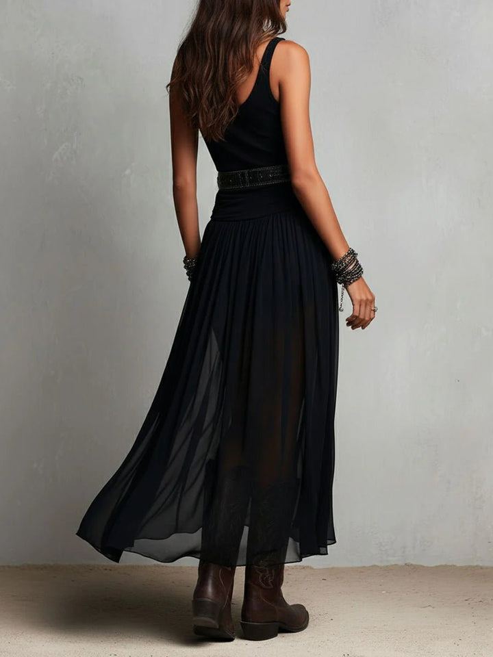 Dames Boho Mouwloze Maxi-jurk Transparante Tule Rok Riem