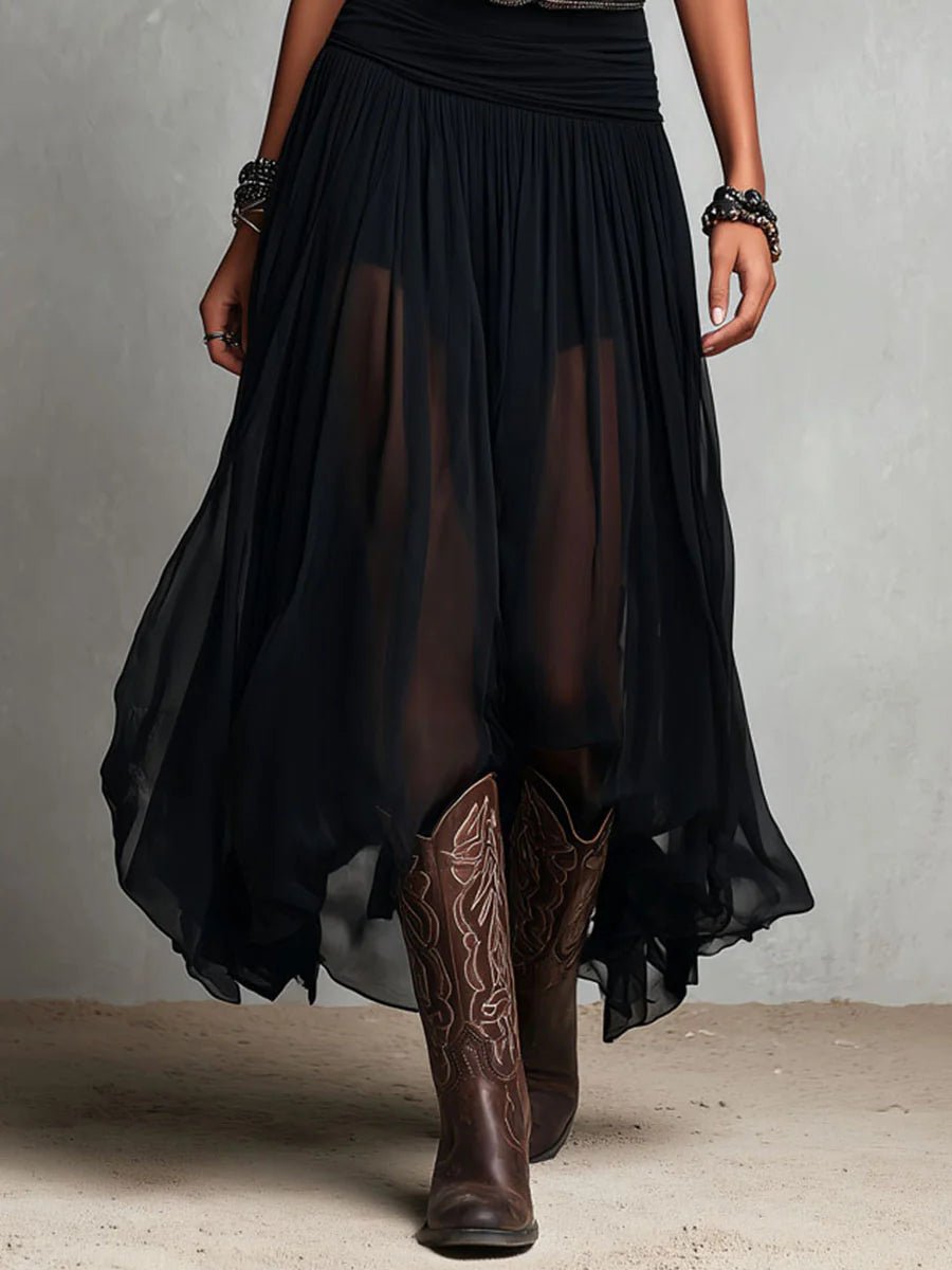 Dames Boho Mouwloze Maxi-jurk Transparante Tule Rok Riem
