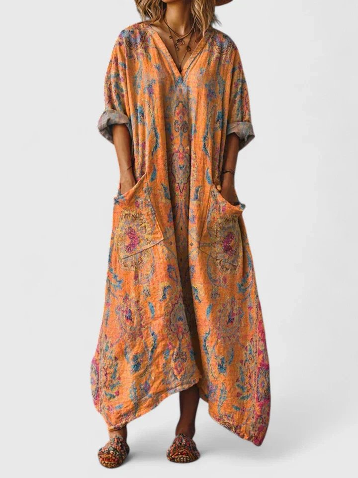 Dames Boho Paisley Oversized Katoenen Maxi Jurk met Zakken - Orange