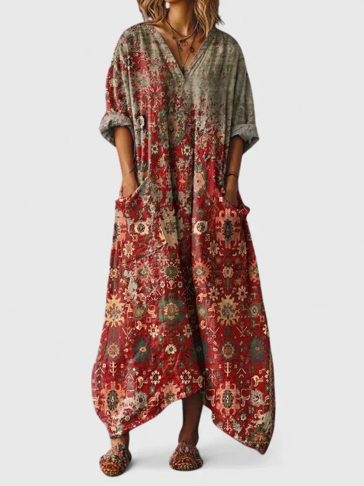 Dames Boho Paisley Oversized Katoenen Maxi Jurk met Zakken - Red