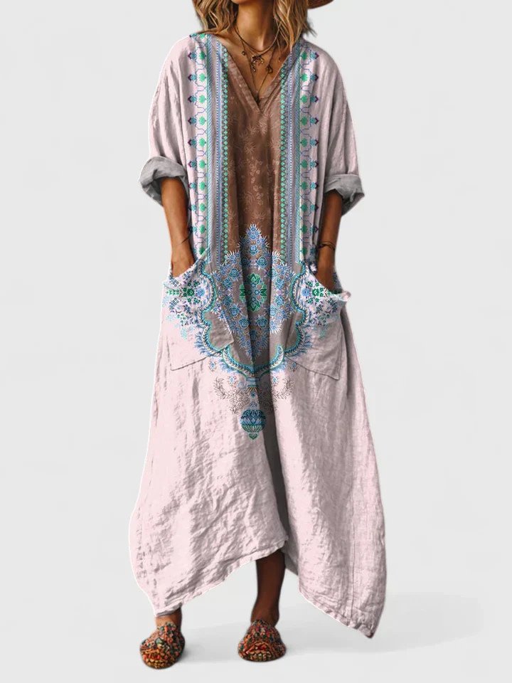 Dames Boho Paisley Oversized Katoenen Maxi Jurk met Zakken - Light Pink