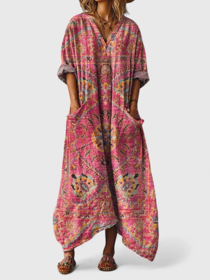 Dames Boho Paisley Oversized Katoenen Maxi Jurk met Zakken - Dark Pink