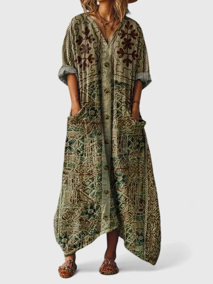 Dames Boho Paisley Oversized Katoenen Maxi Jurk met Zakken - Olive Green