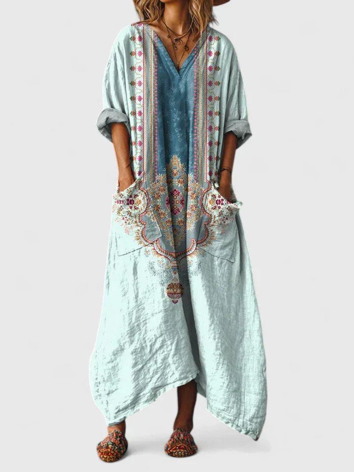 Dames Boho Paisley Oversized Katoenen Maxi Jurk met Zakken - Powder Blue