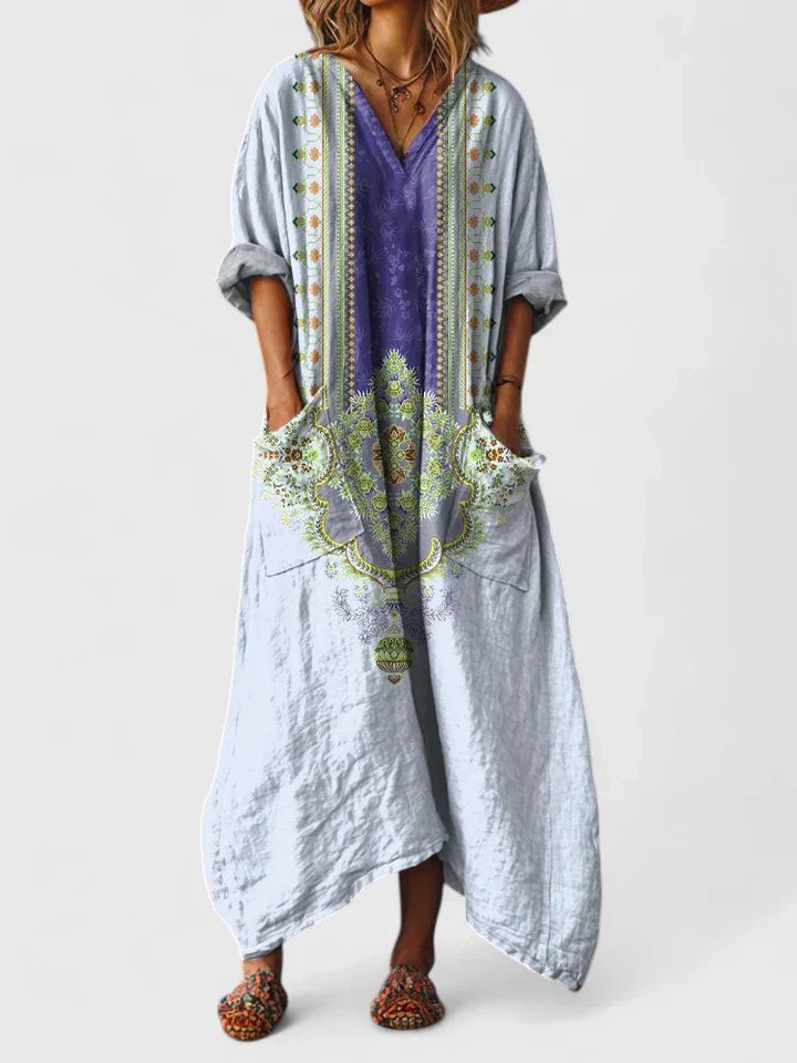 Dames Boho Paisley Oversized Katoenen Maxi Jurk met Zakken - Light Blue