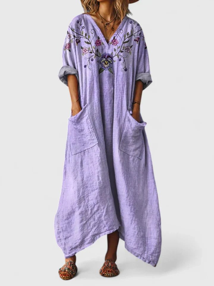 Dames Boho Paisley Oversized Katoenen Maxi Jurk met Zakken - Purple