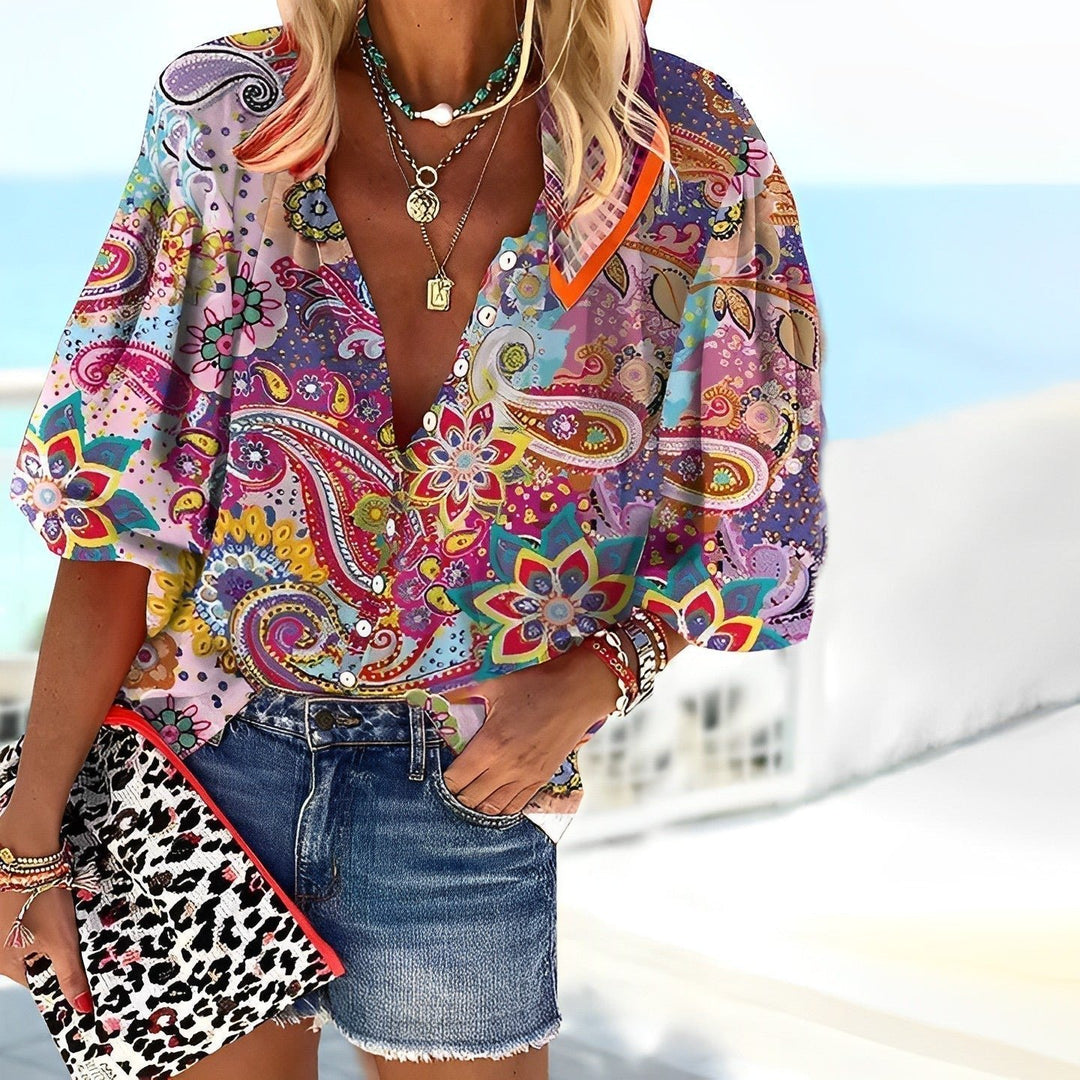 Dames Boho Paisley V-Hals Driekwart Mouw Blouse - Multicolor