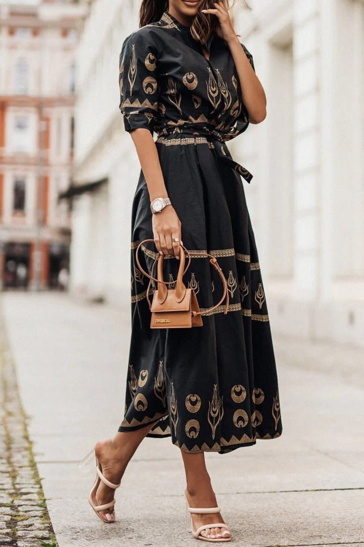 Dames Boho Print Midi Jurk met Ceintuur - Black