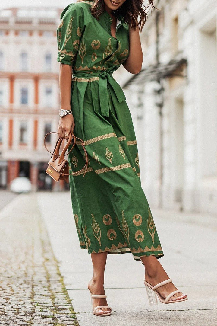 Dames Boho Print Midi Jurk met Ceintuur - Green