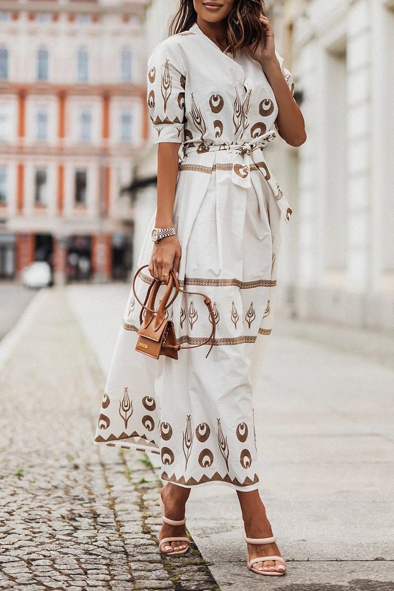 Dames Boho Print Midi Jurk met Ceintuur - White