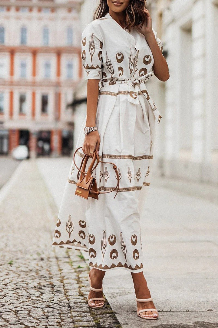 Dames Boho Print Midi Jurk met Ceintuur - White