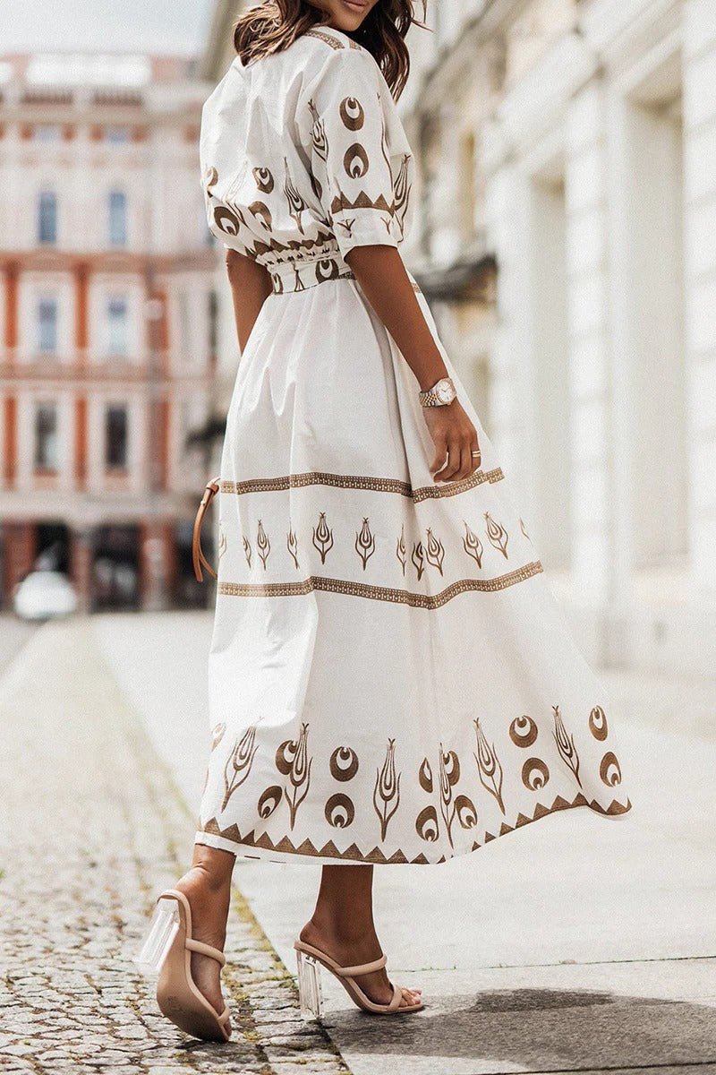 Dames Boho Print Midi Jurk met Ceintuur