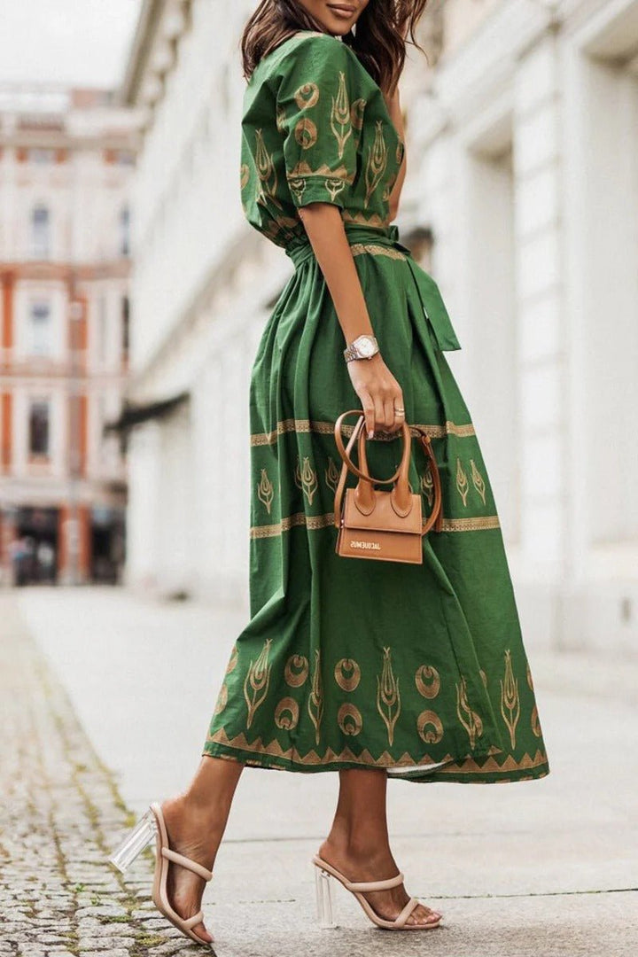 Dames Boho Print Midi Jurk met Ceintuur