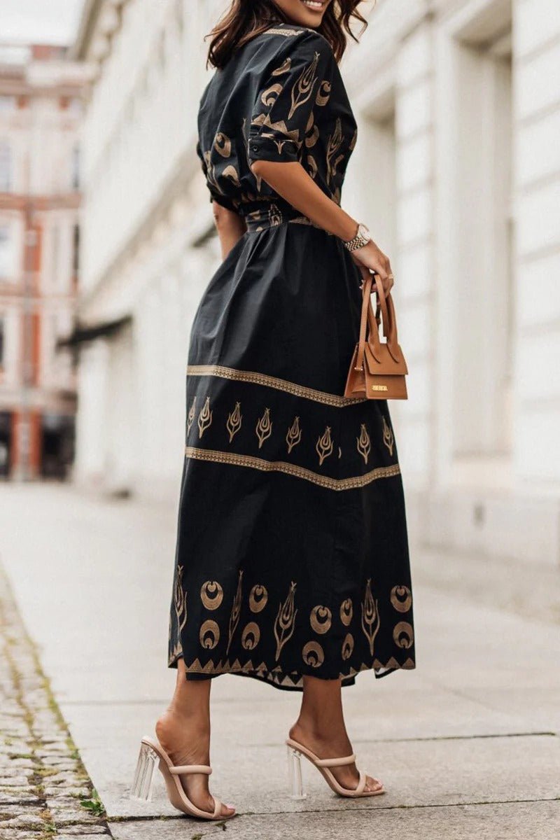 Dames Boho Print Midi Jurk met Ceintuur