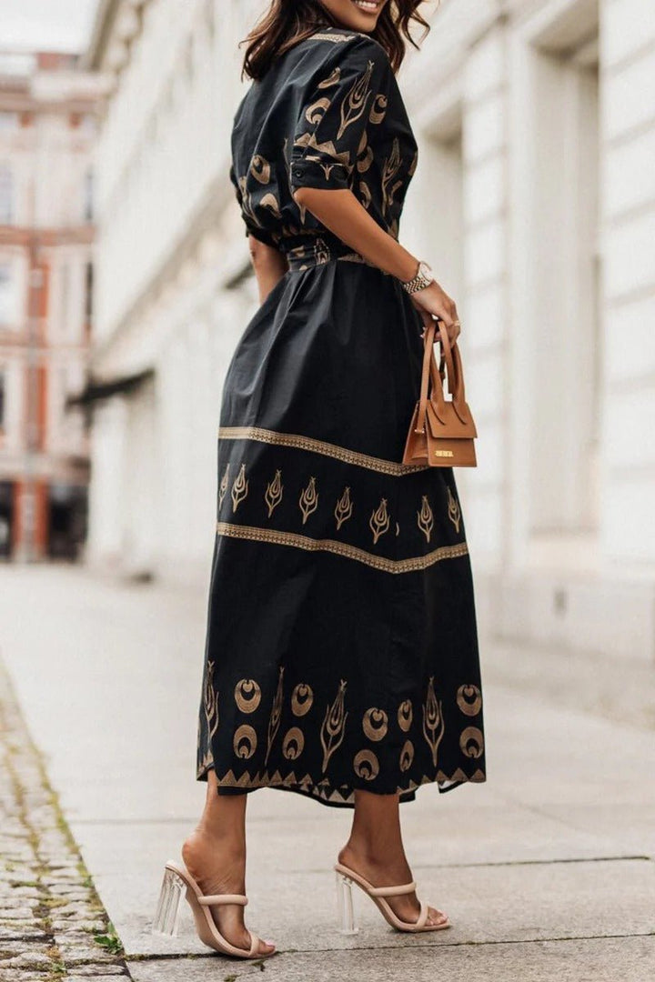 Dames Boho Print Midi Jurk met Ceintuur