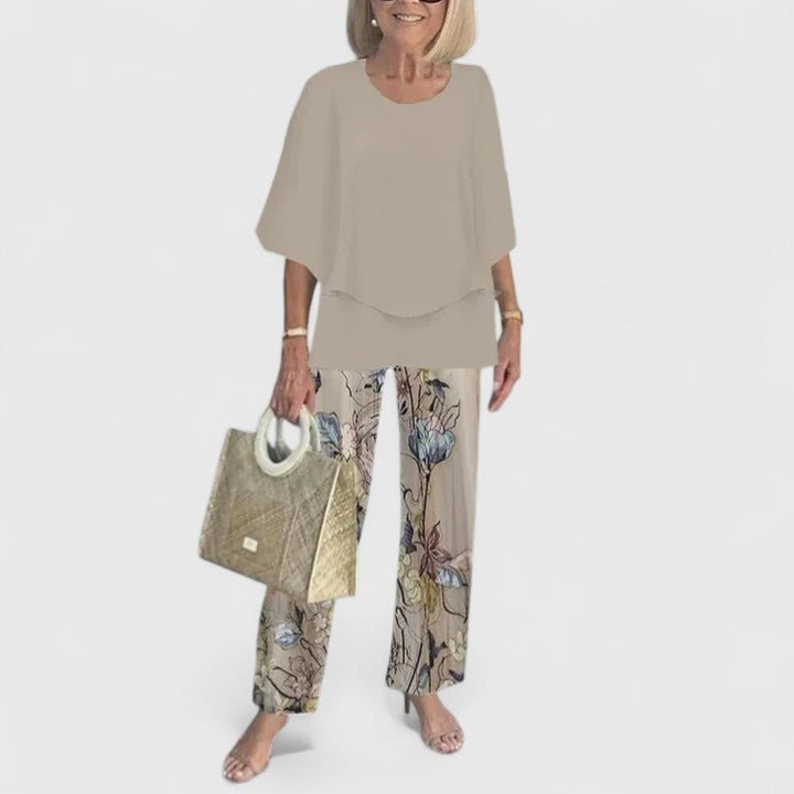 Dames Botanische Print Batwing Top Wide-Leg Broek Set - Light Gray