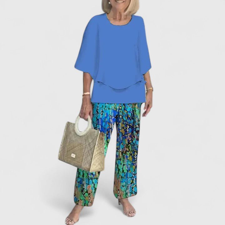 Dames Botanische Print Batwing Top Wide-Leg Broek Set - Royal Blue