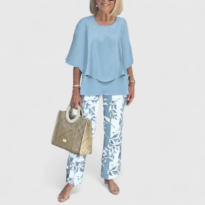 Dames Botanische Print Batwing Top Wide-Leg Broek Set - Sky Blue