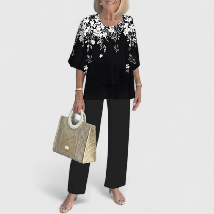 Dames Botanische Print Batwing Top Wide-Leg Broek Set - Black