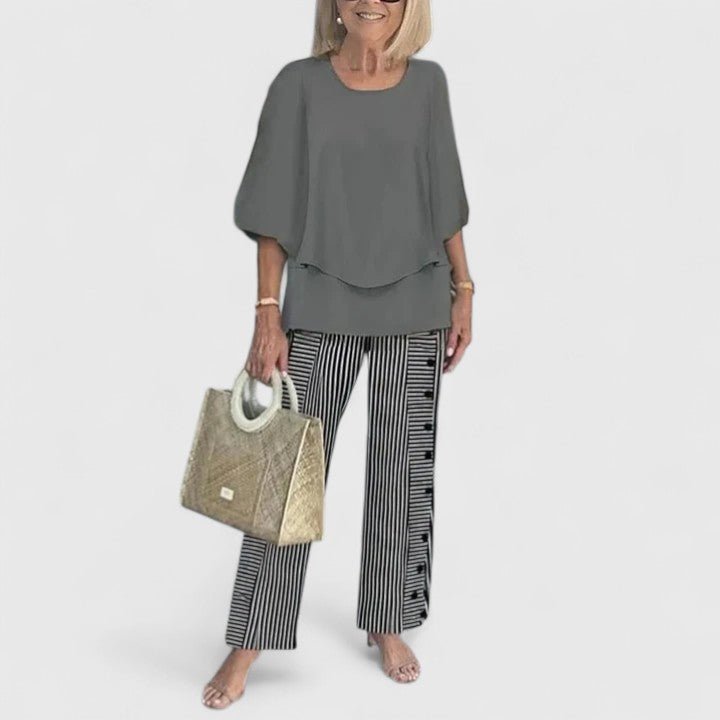 Dames Botanische Print Batwing Top Wide-Leg Broek Set - Dark Gray