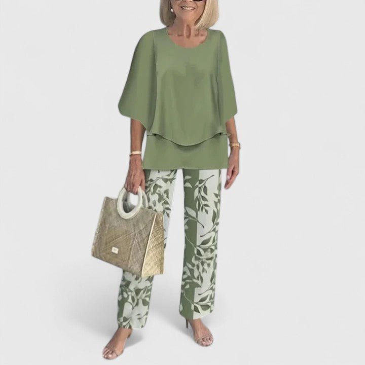 Dames Botanische Print Batwing Top Wide-Leg Broek Set - Light Green