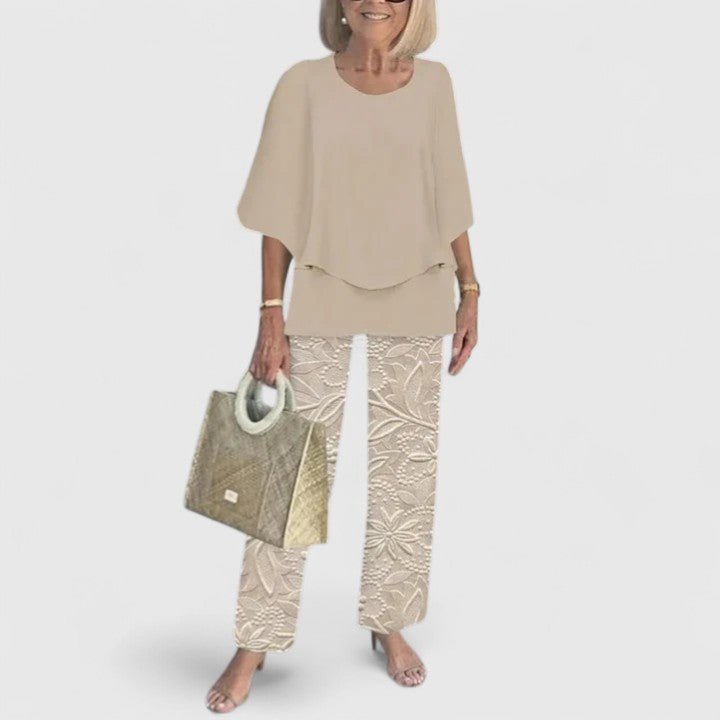 Dames Botanische Print Batwing Top Wide-Leg Broek Set - Beige