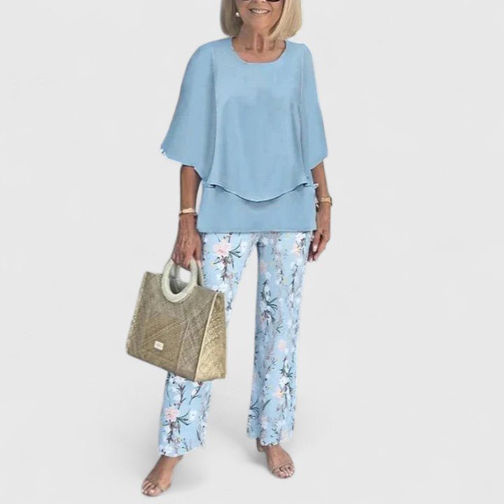 Dames Botanische Print Batwing Top Wide-Leg Broek Set - Light Blue