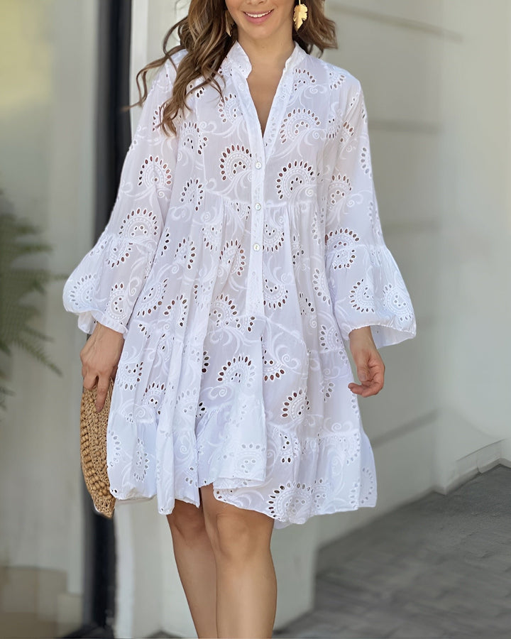 Dames Broderie Anglaise Witte A-lijn Blousejurk Lange Mouwen - White