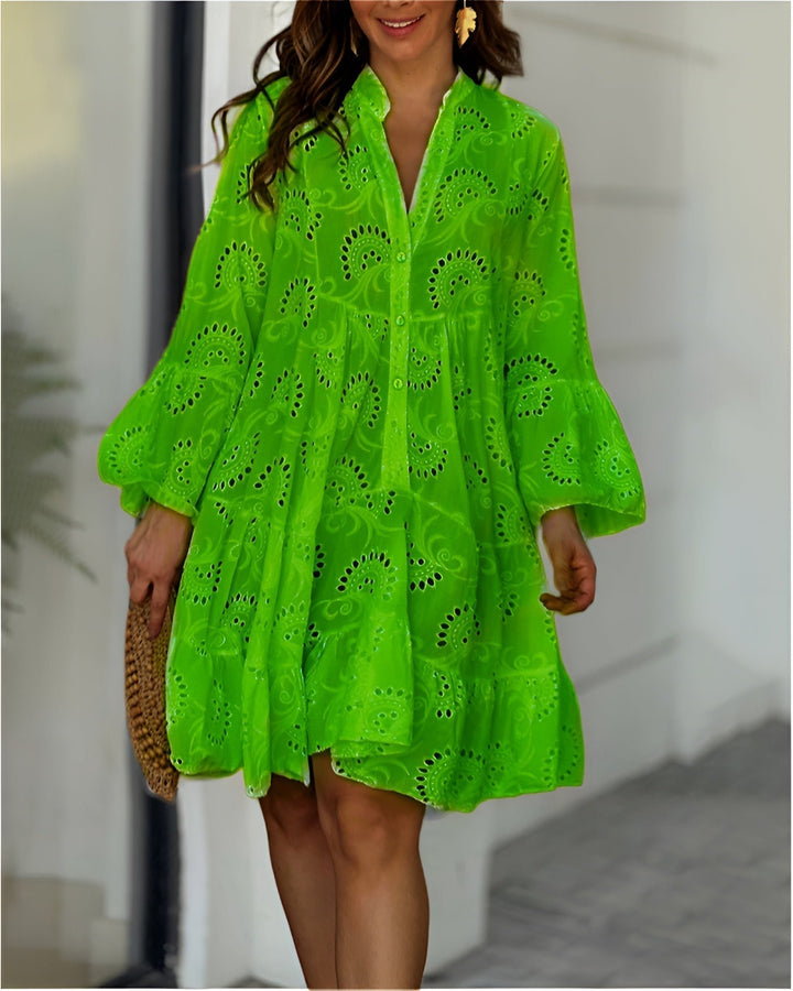 Dames Broderie Anglaise Witte A-lijn Blousejurk Lange Mouwen - Green