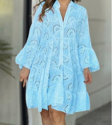 Dames Broderie Anglaise Witte A-lijn Blousejurk Lange Mouwen - Blue