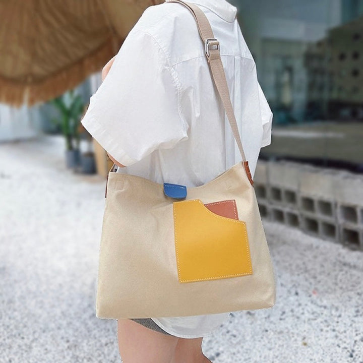 Dames Canvas Tote Bag Colorblock Schoudertas PU-Leer - Beige