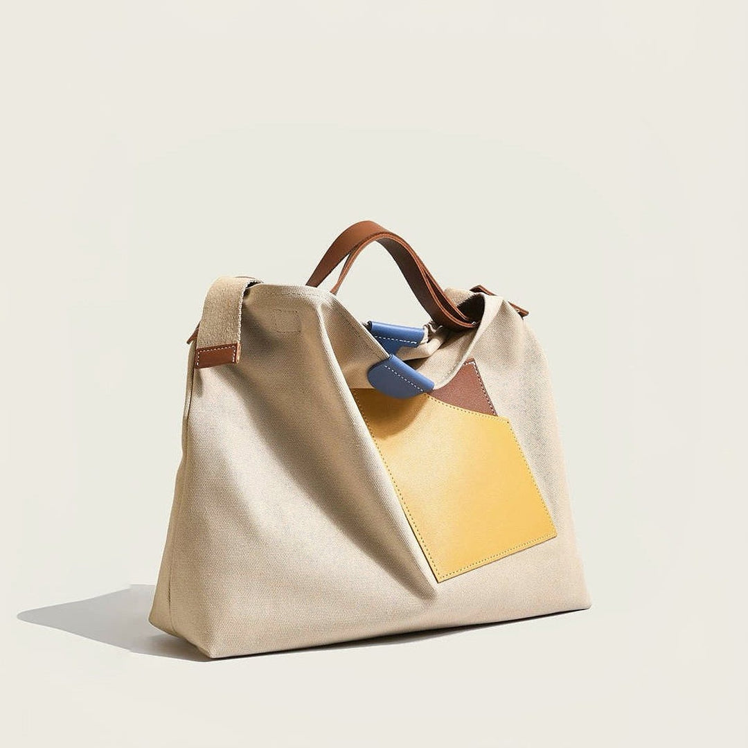 Dames Canvas Tote Bag Colorblock Schoudertas PU-Leer