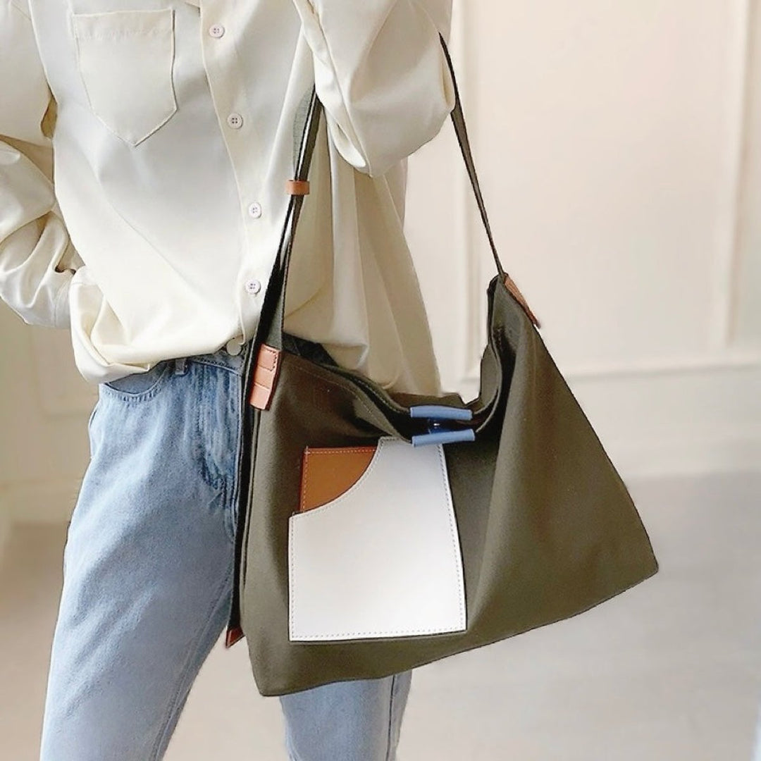 Dames Canvas Tote Bag Colorblock Schoudertas PU-Leer - Grün