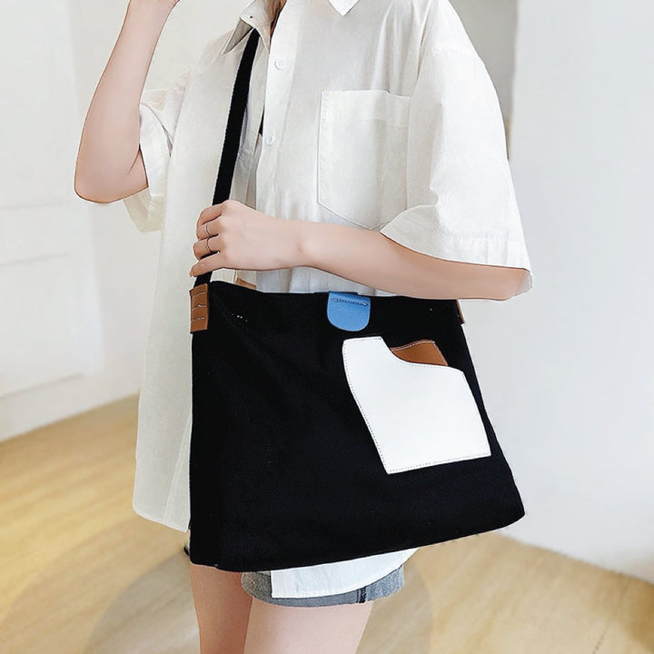 Dames Canvas Tote Bag Colorblock Schoudertas PU-Leer - Schwarz