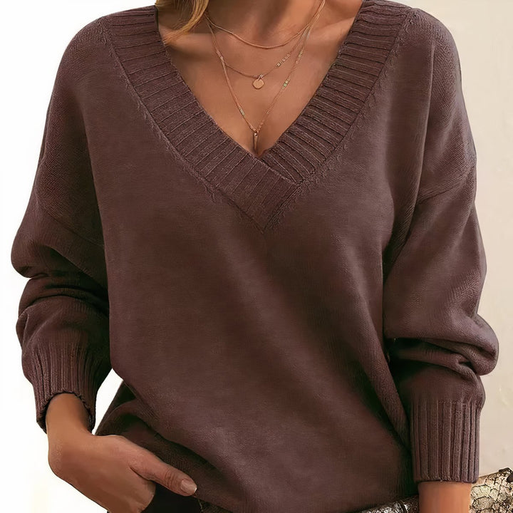 Dames Casual Elegante V-hals Gebreide Sweater - Roodbruin