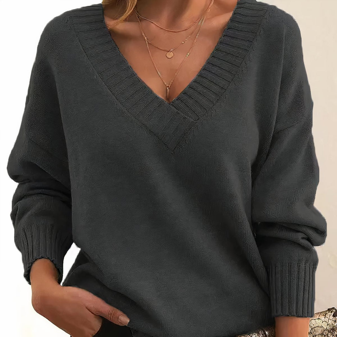 Dames Casual Elegante V-hals Gebreide Sweater - Donkergrijs
