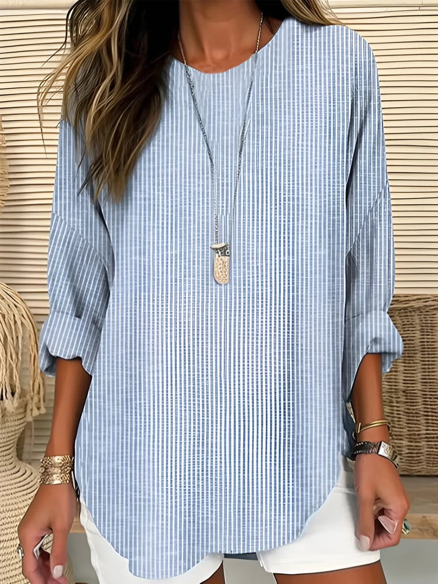 Dames Casual Gestreepte Relaxed-Fit Blouse met Ronde Hals - Blauw