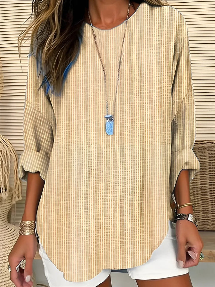Dames Casual Gestreepte Relaxed-Fit Blouse met Ronde Hals - Khaki