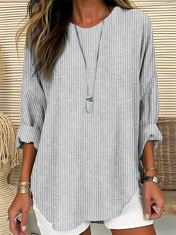 Dames Casual Gestreepte Relaxed-Fit Blouse met Ronde Hals - Grijs